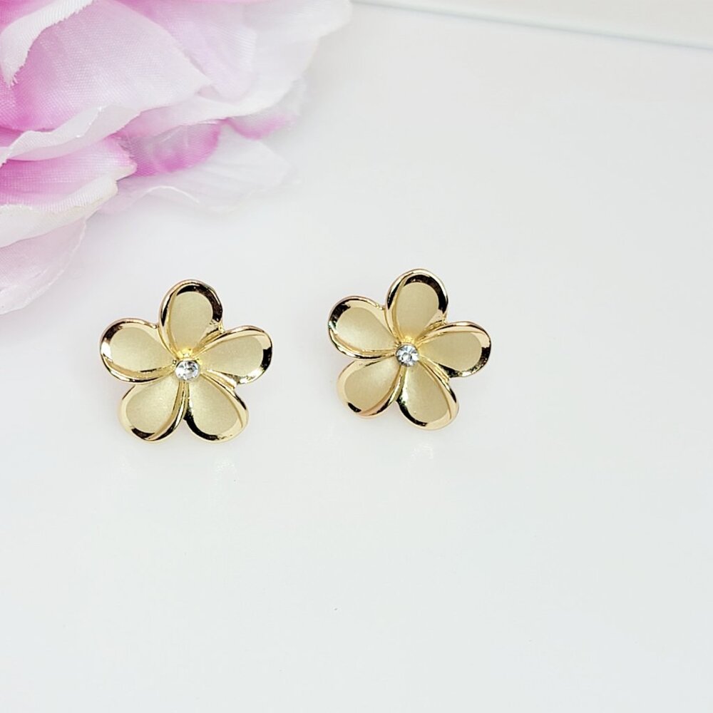 Gold Plumeria CZ stud earrings - Picture 2 of 3